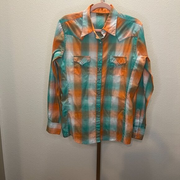 Wrangler Tops - Women’s Wrangler Pearl Snap Western Plaid Shirt Turquoise green, Orange Medium
